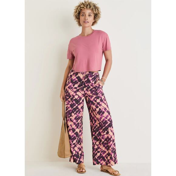 NEW Purple Printed Wide Leg Pants Plus size 2X Cotton Linen Summer Lounge Beach - Picture 3 of 11